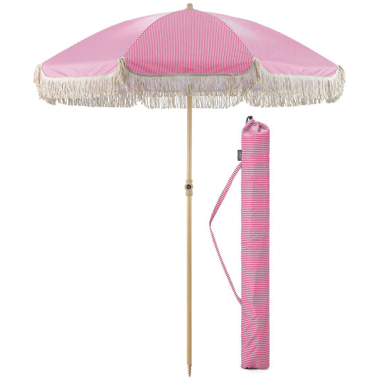 CHRISTOW Portable Garden Parasol with Tilt, 2m Cotton Tassel Beach Umbrella, Outdoor Patio Sunshade, Tilting Canopy, Wood Effect Steel Pole, UV50- Sun Protection, Water Resistant, Bag (Pink Stripes)