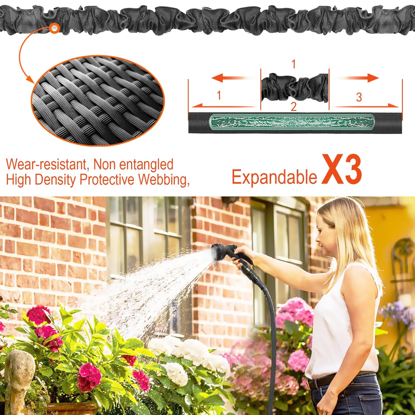 HOMOZE Expandable Garden Hose 50ft Hose Pipe Expandable with 3/4", 1/2" Fittings, Anti-Leakage - Flexible Expanding Hose with 7 Function Spray Nozzle