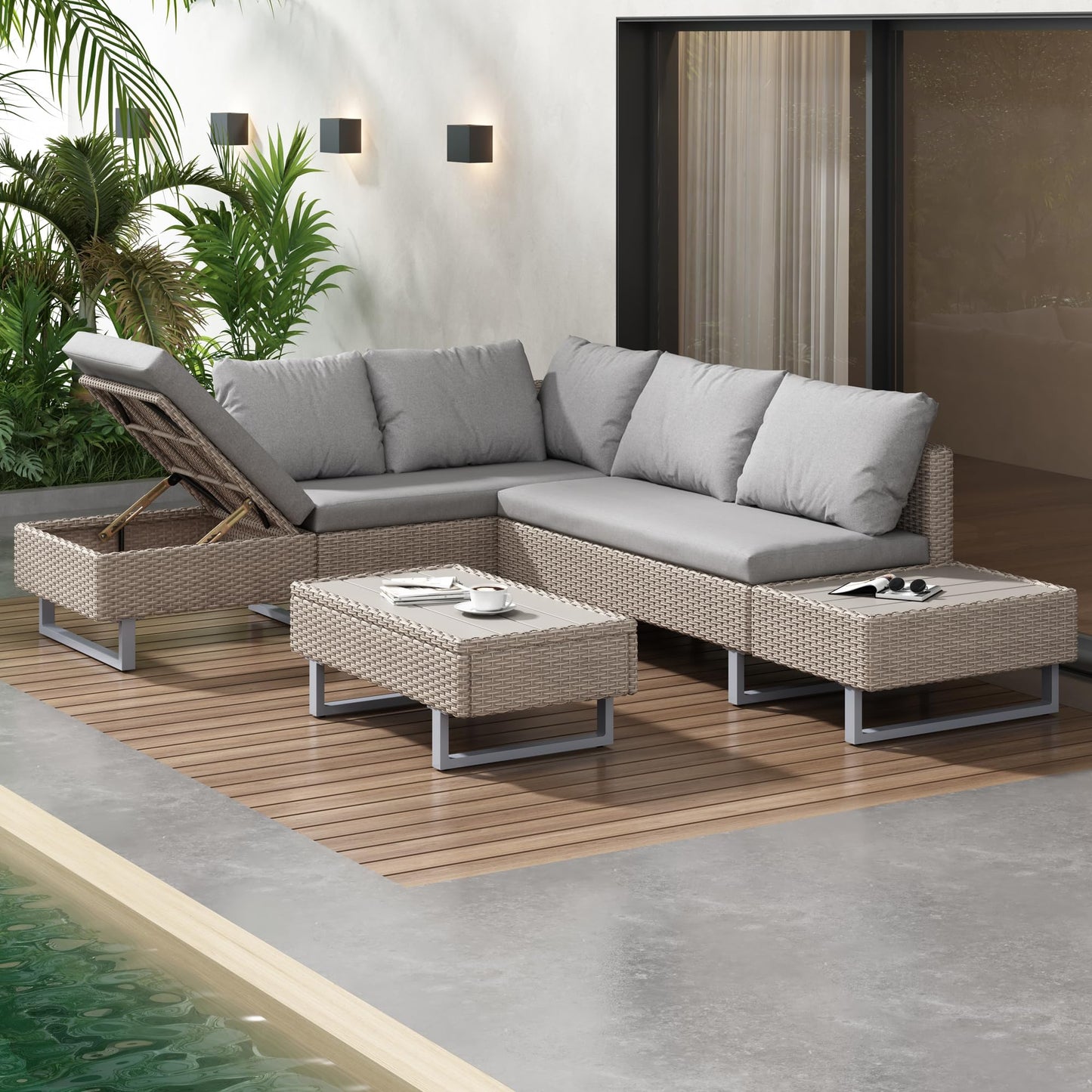 Merax Rattan Garden Sofa Set 5-Seater, Industrial Style PE Rattan Garden Furniture, Rattan Corner Sofa with Coffee Table, Anti-UV Cushions Removable Covers, Outdoor Furniture for Garden, Mixed Khaki