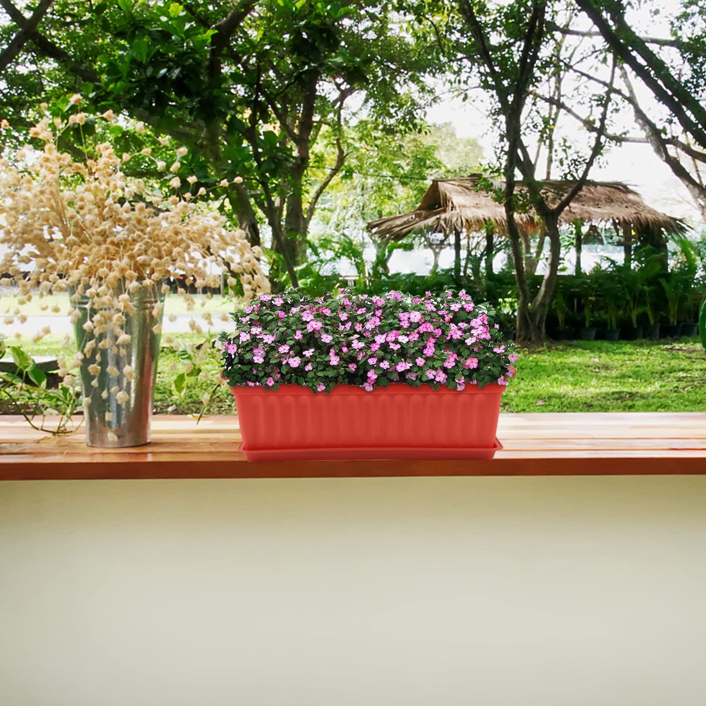 MUKCHAP 4 PCS 43cm/17 Inch Red Plastic Window Box Planter, Rectangular Window Flower Plant Box with Trays and Plant Labels, Rectangular Windowsill Planter for Vegetables