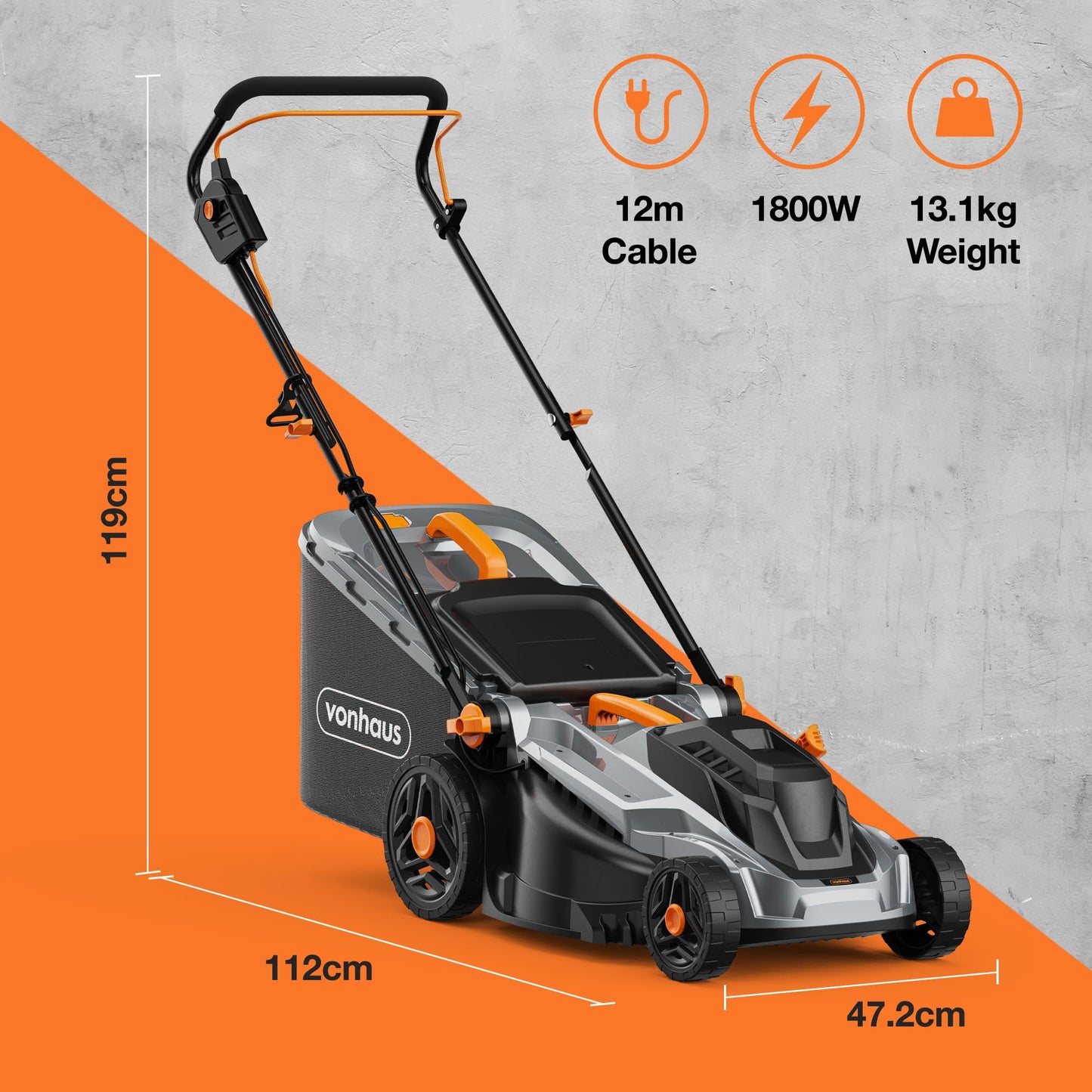 VonHaus Lawnmower 1800W – Electric Corded Lawn Mower for all Types of Grass – 52L Collection Bag, 430mm Working Width, 12m Cable, Foldable Height Adjustable Handlebar, 5 Depth Settings, Carry Handle