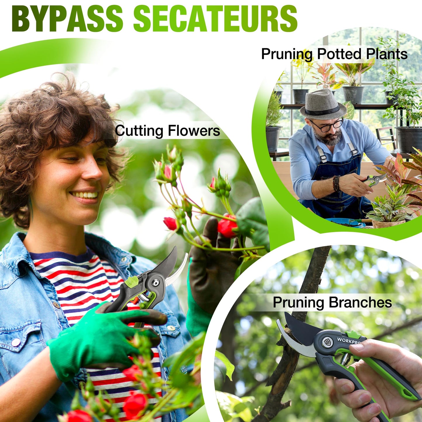 WORKPRO 2-Piece Secateurs & Pruning Scissors | Heavy Duty 210mm Bypass Secateurs with SK5 Blades and 160mm Shears | Labor-Saving Scissors with Safty Lock | Essential Garden Tools for Pruning Flowers