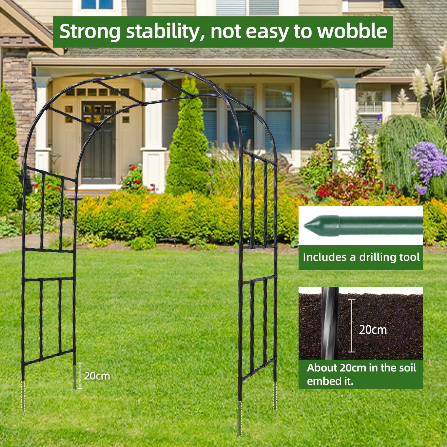 Caroeas Metal Garden Arch with 20mm Thickened Galvanized Steel Tubes, Rust-Resistant rose arch, 150cm Wide x 240cm High, Ideal for Climbing Plants and Outdoor Decoration as Garden Archway or Trellis