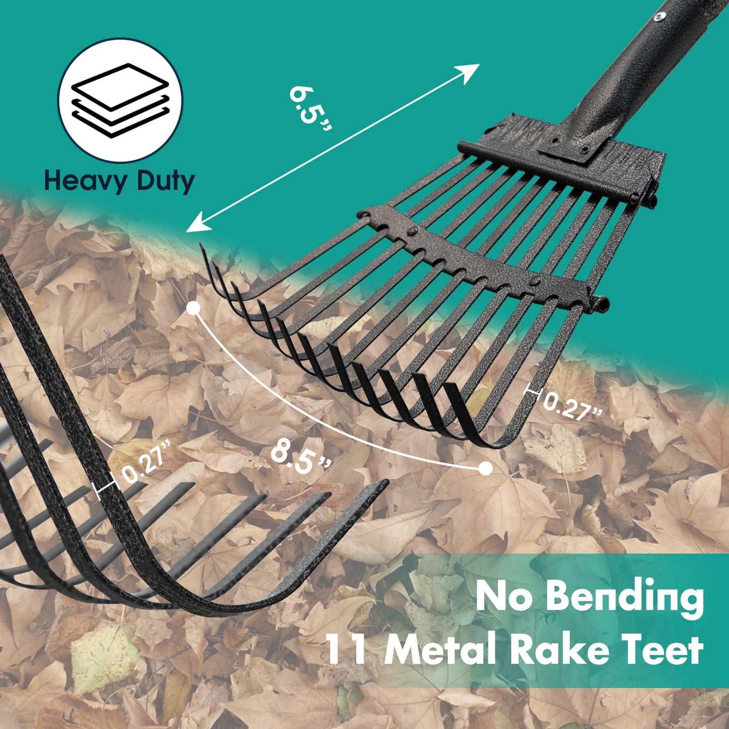 Rake, 175cm Long, 11 Tines Small Metal Garden Rake for Leaves, Heavy Duty 22.5cm Wide Rakes for Lawns, Yard Leaf Rake for Gardening , Flower Beds, Shrub, Kids Rake
