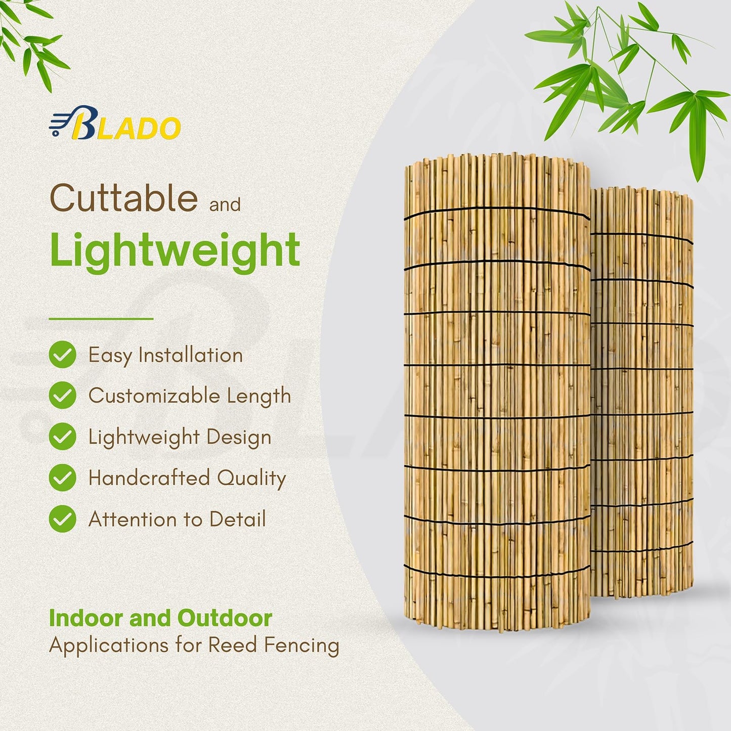 BLADO Reed Fence 1m x 3m - Natural Bamboo Privacy Screen, 8-10mm Thick Garden and Balcony Screening for Outdoor Wind and Sun Protection, Natural Roll Privacy Border Fence Panels for Outdoor Space