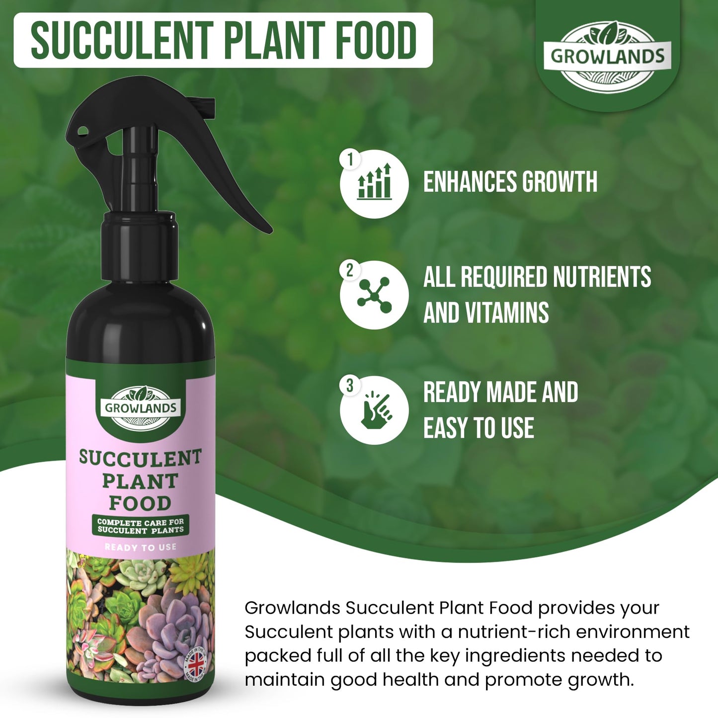 Growlands Succulent Food - 300 ml - Organic Indoor Plant Liquid Spray Fertilizer - Designed for Houseplants - Ready to Use Mist Spray - Promotes Growth and Health