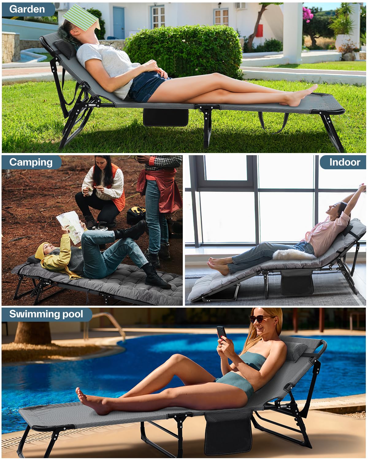 Sun Lounger 5 Position Adjustable, Sunloungers with Mattress and Headrest for Garden Recliner Beach Terrace Pools Camping Bed Guest Bed for Home, Office Nap, Indoor, Camp