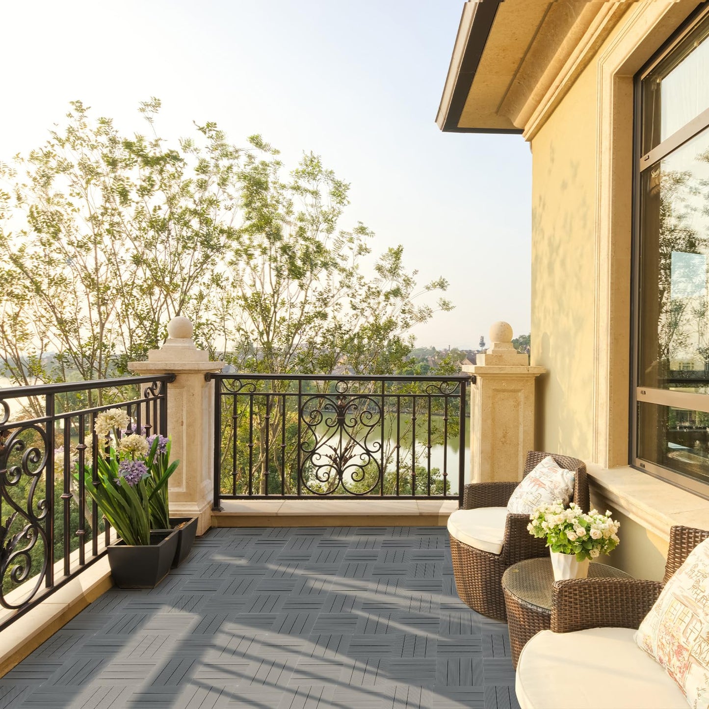 Bonnlo Composite Garden Decking Tiles, 27 Pcs Plastic Outdoor Flooring, 30x30cm Patio Paving Slabs Decking Squares Indoor & Outdoor Grey (Dark Grey)