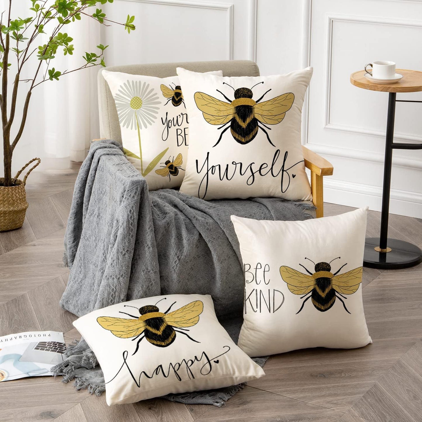 KUNQIAN Bee Cushions Cover Outdoor Waterproof Cushions Yellow Bee Pillow Covers Set of 4 Home Decorative for Sofa Linen Square Outside Office 18x18 Inch 45x45cm