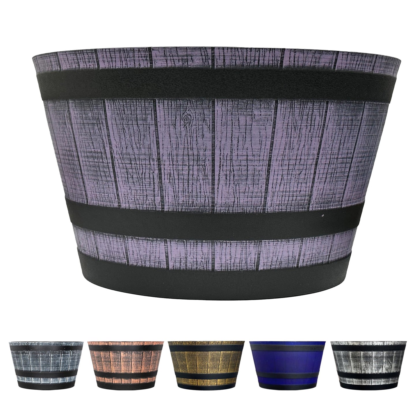 SG Traders Large Half Barrel Cask Planter, Flower Pots Outdoor Garden Planters, Indoor Plant Pot with Drainage Holes, Plastic, Stone Grey with Black Straps, 40cm