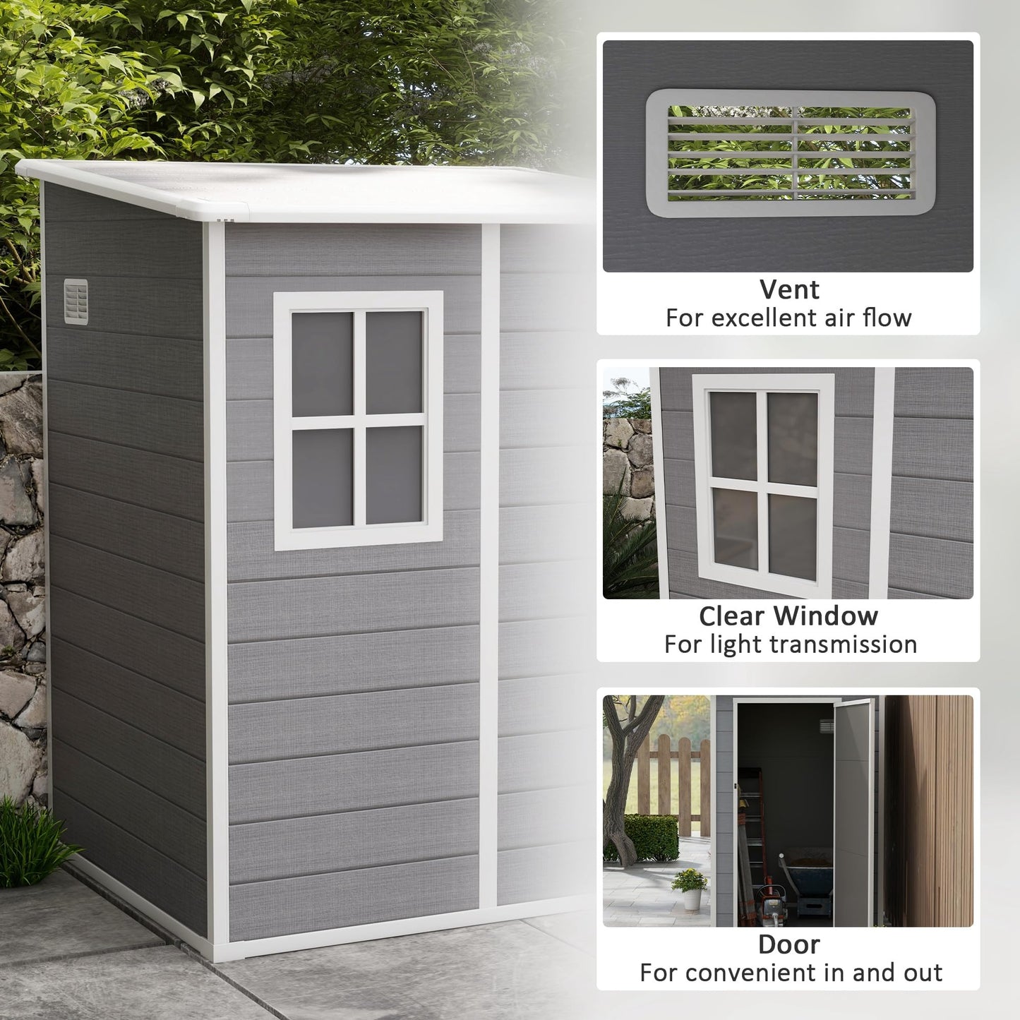 Outsunny 4 x 5FT Plastic Garden Shed, Lean to Shed, Lockable Tool Storage House with Window, Vent and Plastic Roof, Grey