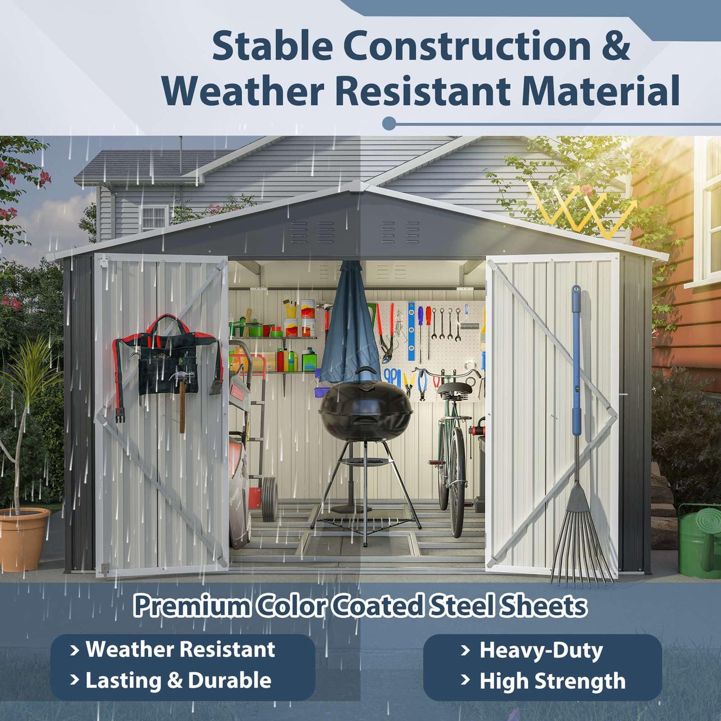 BIRCHTREE Garden Shed Metal Apex Roof 10FT X 8FT Outdoor Storage With Free Foundation Anthracite and White