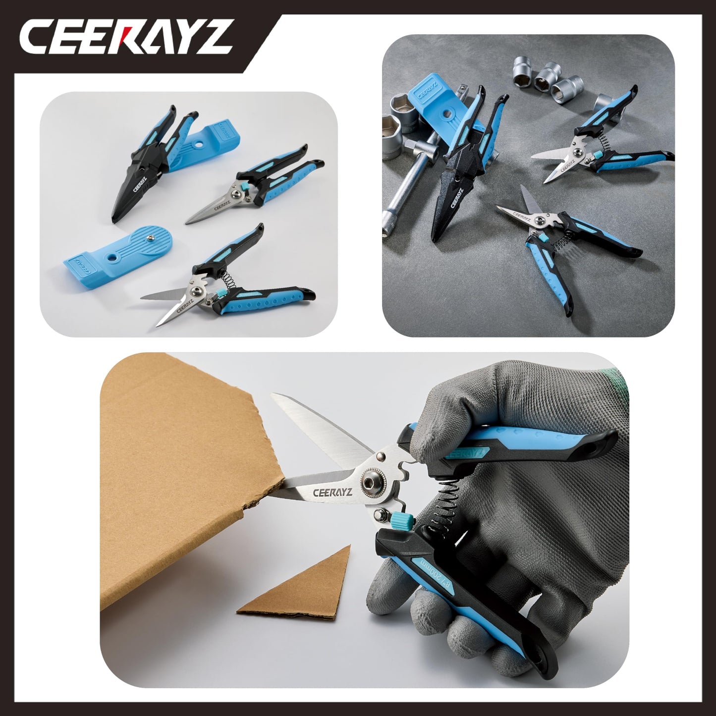 CEERAYZ 185mm Notch Scissors All Purpose Heavy Duty, Garden Shears, Scissors for DIY Projects, Office, Production Lines, Pruning, with Protective Sheath (Black/Blue)