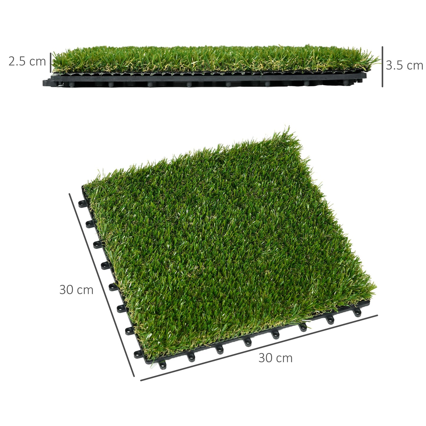 Outsunny 10 Pieces 30 x 30cm Artificial Grass Turf with 25mm Pile Height Non-Toxic Roll Grass Carpet Fake Grass Mat with Drainage Holes UV Resistance for Indoor, Outdoor, Patio, Garden, Lawn, Balcony