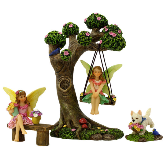 Pretmanns Fairy Garden Ornaments - Outdoor Accessories Kit, 4 Items: Fairies & Tree Swing