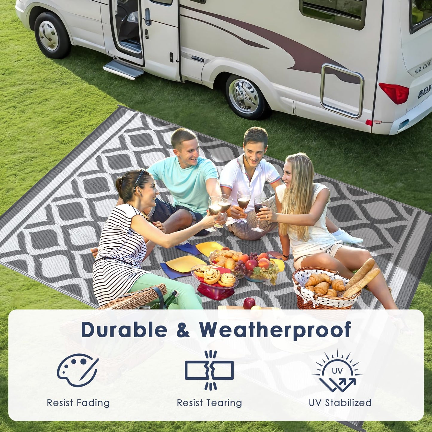 VK·living Outdoor Rug for Garden Patios Waterproof 120X180cm Reversible Carpet Durable & UV Resistant Modern Outdoor Mat Portable Lightweight Area Patio Rugs for Balcony Camping Yard RV Grey&White