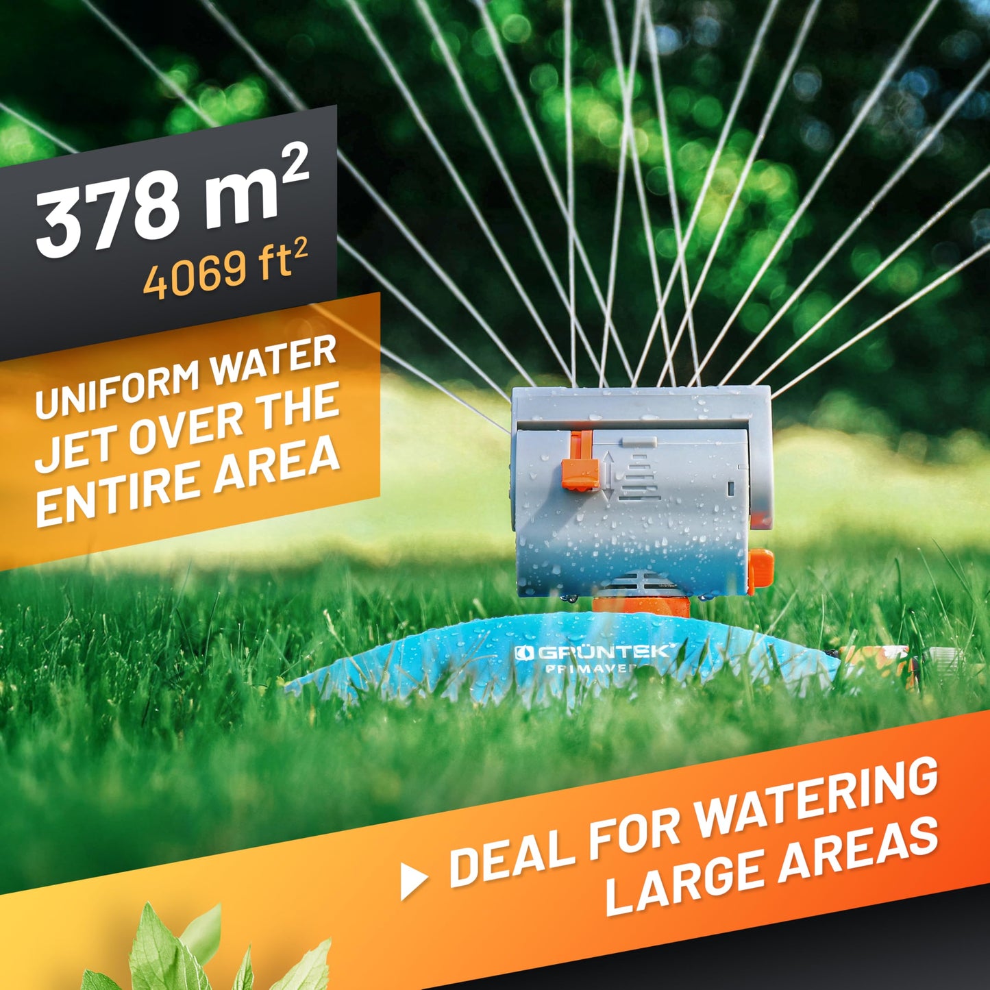 GRÜNTEK Mini - Lawn Sprinkler with 16 nozzles up to 378 m2 / 4069 ft2 Irrigation area with turbo engine