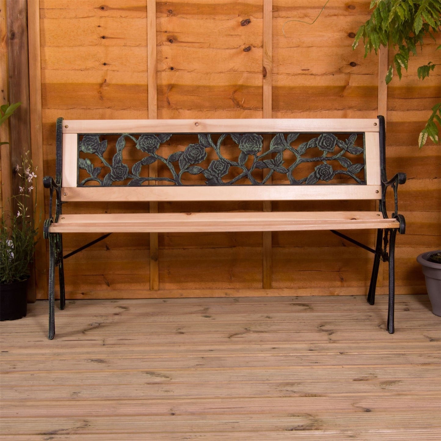 Home Discount Garden Vida Garden Bench, Rose Style Design 3 Seater Outdoor Furniture Seating Wooden Slats Cast Iron Legs Park Patio Seat