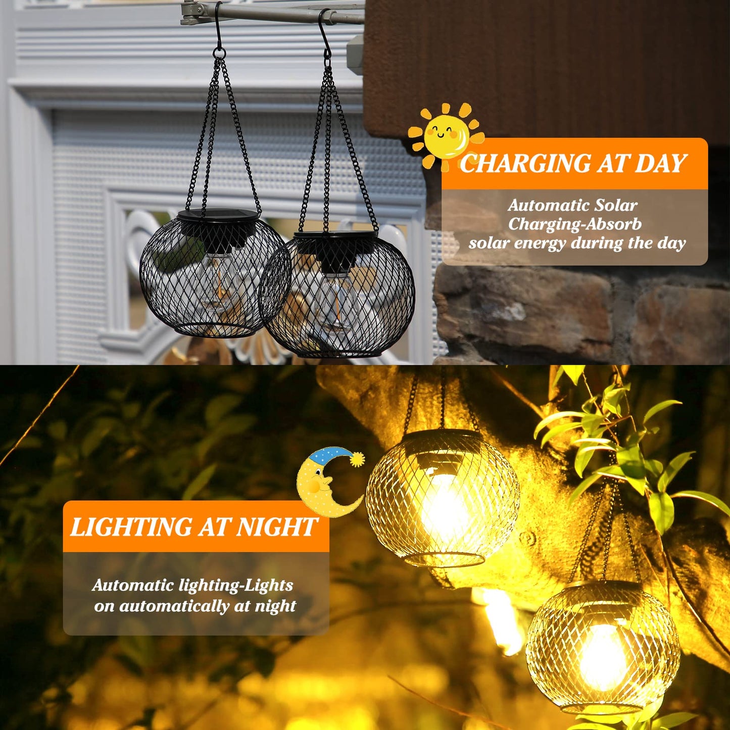 KagoLing Solar Lanterns, 2 Pack Solar Lantern Outdoor Garden with IP65 Waterproof Hanging Solar Lights Auto On Off Metal Yard Art Garden Lights for Patio Lawn Table Fence Ornaments Warmwhite