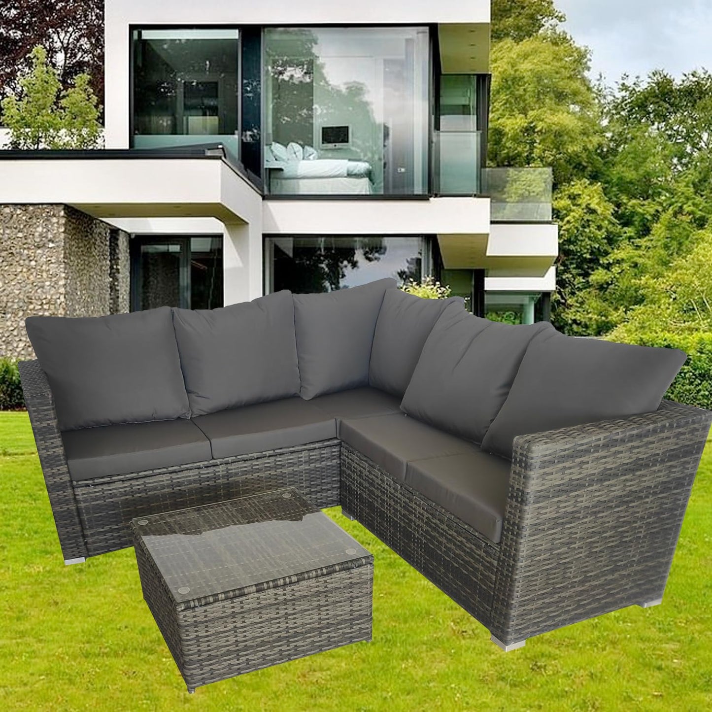 COZYBRITE Garden Corner Sofa Rattan Furniture Set 5 Seater Patio Outdoor Lounge Settee with Coffee Table Cover All-weather SFS099-3