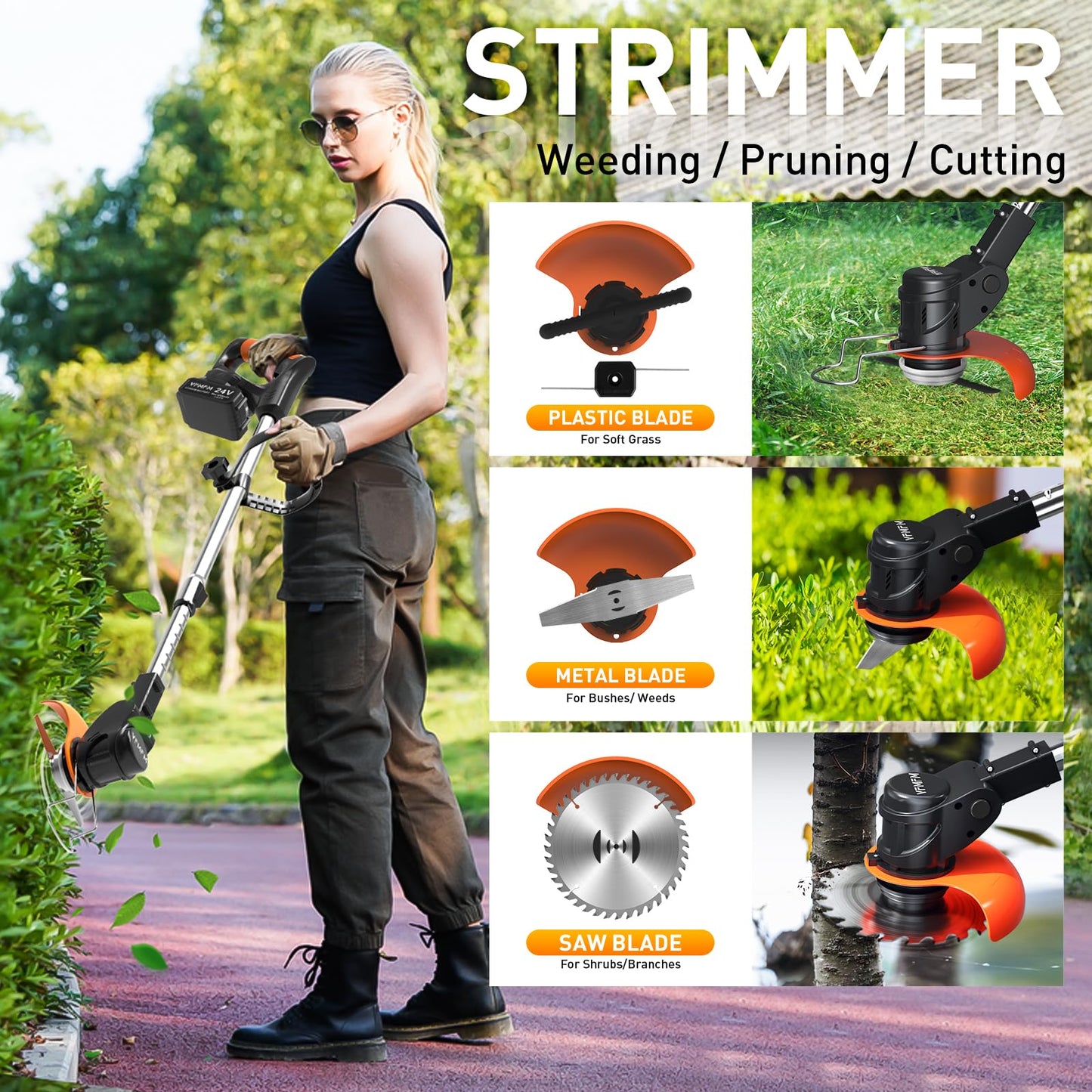 Cordless Strimmer, 24V Electric Grass Trimmers with 6x Metal Blades & 10x Plastic Blades, Telescopic Garden Strimmer with 2X 4000mAh Batteries, Battery Strimmer Grass Cutter for Garden Lawn Shrubs