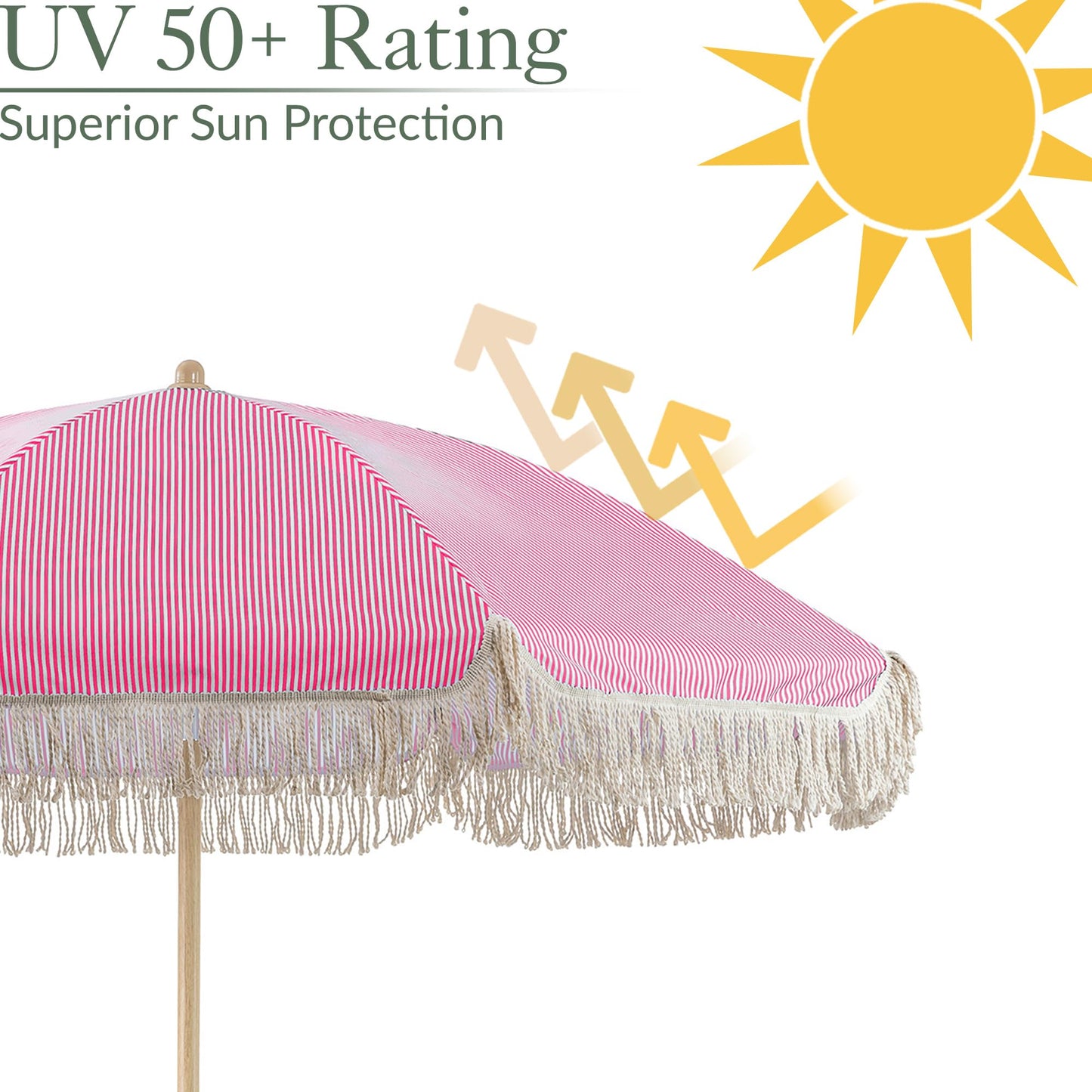 CHRISTOW Portable Garden Parasol with Tilt, 2m Cotton Tassel Beach Umbrella, Outdoor Patio Sunshade, Tilting Canopy, Wood Effect Steel Pole, UV50- Sun Protection, Water Resistant, Bag (Pink Stripes)