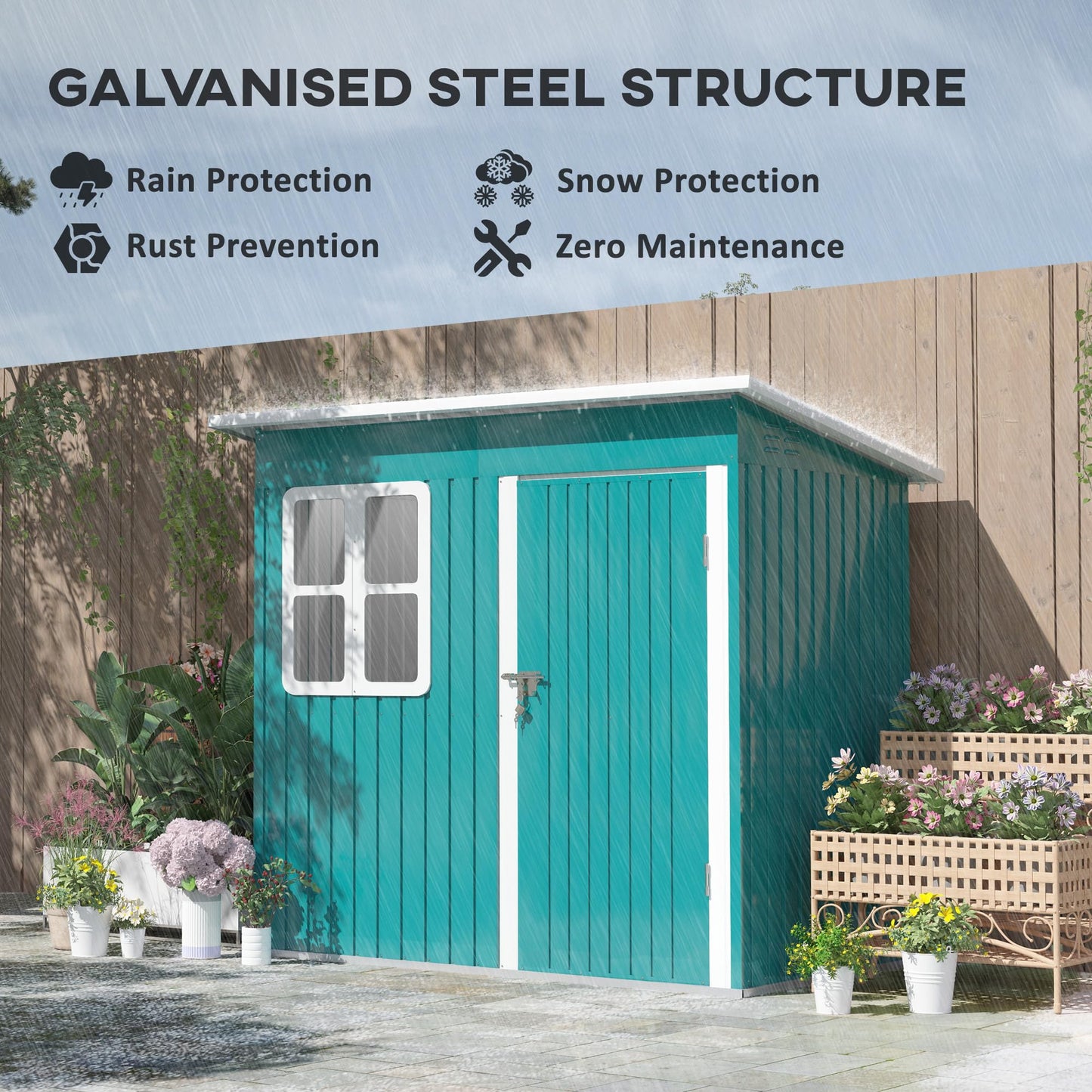 Outsunny 7 x 4ft Storage Shed Galvanised Steel Garden Shed, Metal Shed with Foundation Kit, Window, Lockable Wide Door and Air Vents for Outdoor Patio, Green