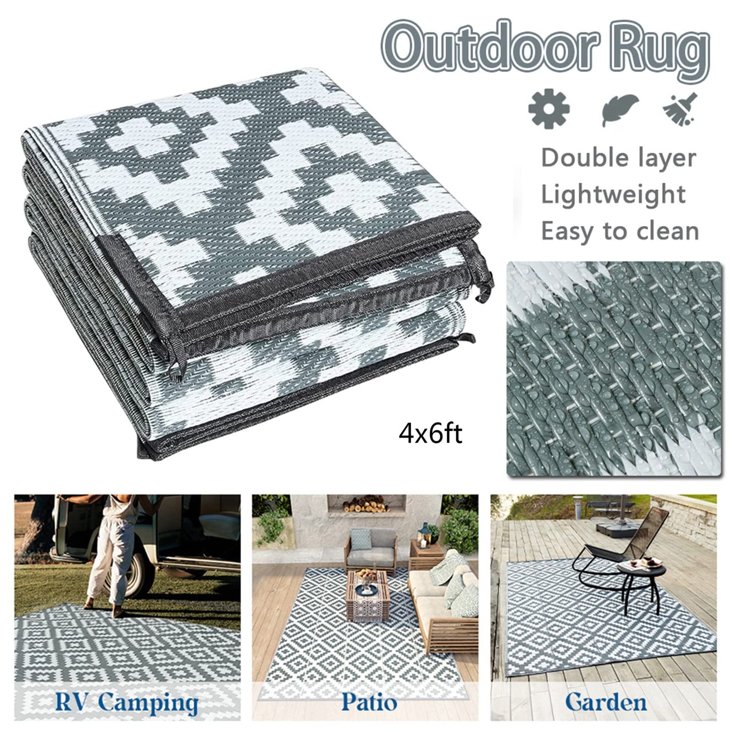 Enipate Geometric Outdoor Rugs for Garden Patios Clearance, 4x6ft Reversible & Easy Cleaning Decking Rug, Portable Comfortable Woven Waterproof Carpet (120x180cm, Grey)