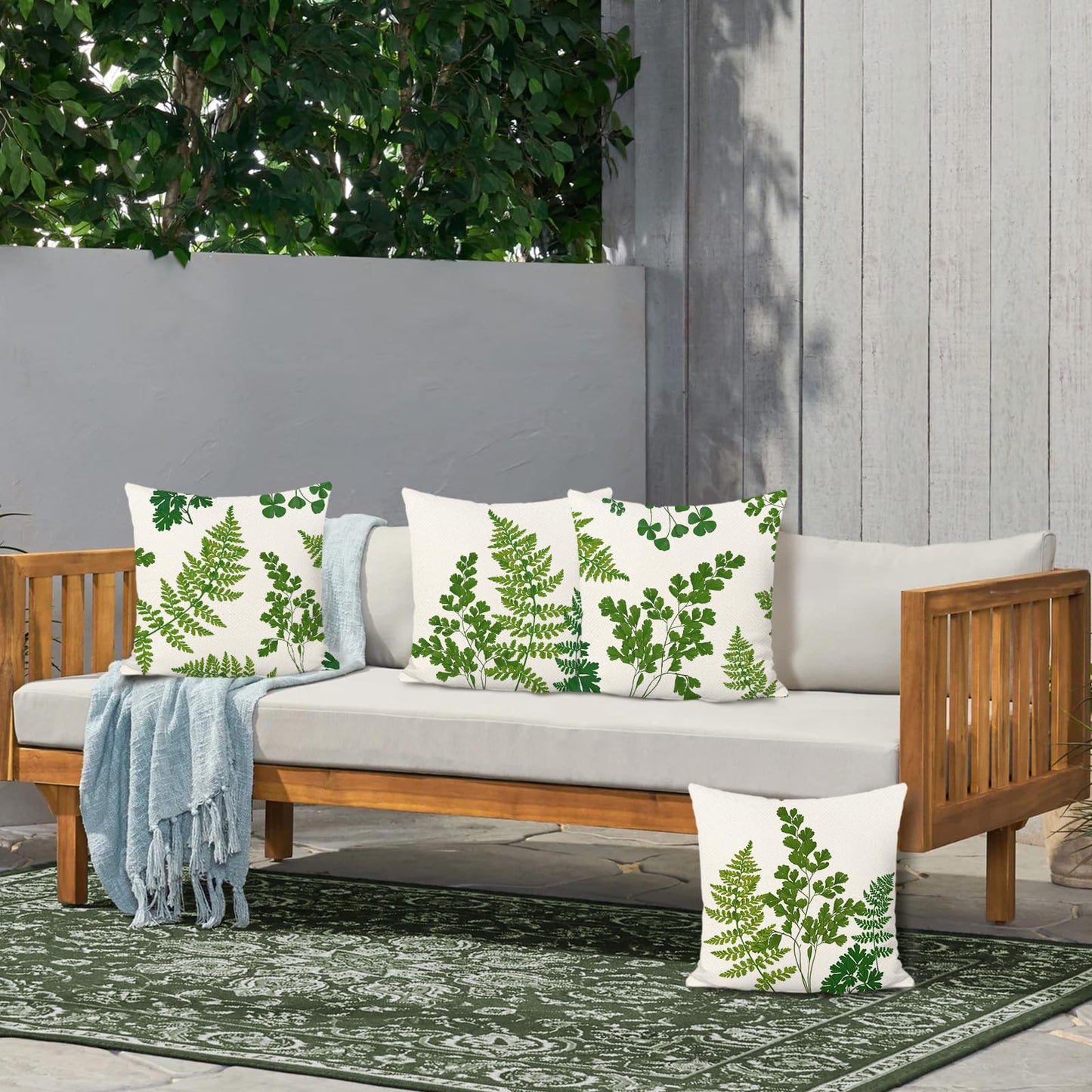 Bonhause Fern Leaves Cushion Covers 45 x 45 cm Green Botanical Leaf Decorative Throw Pillow Covers Polyester Linen Pillowcases for Sofa Garden Outdoor Decor Set of 4