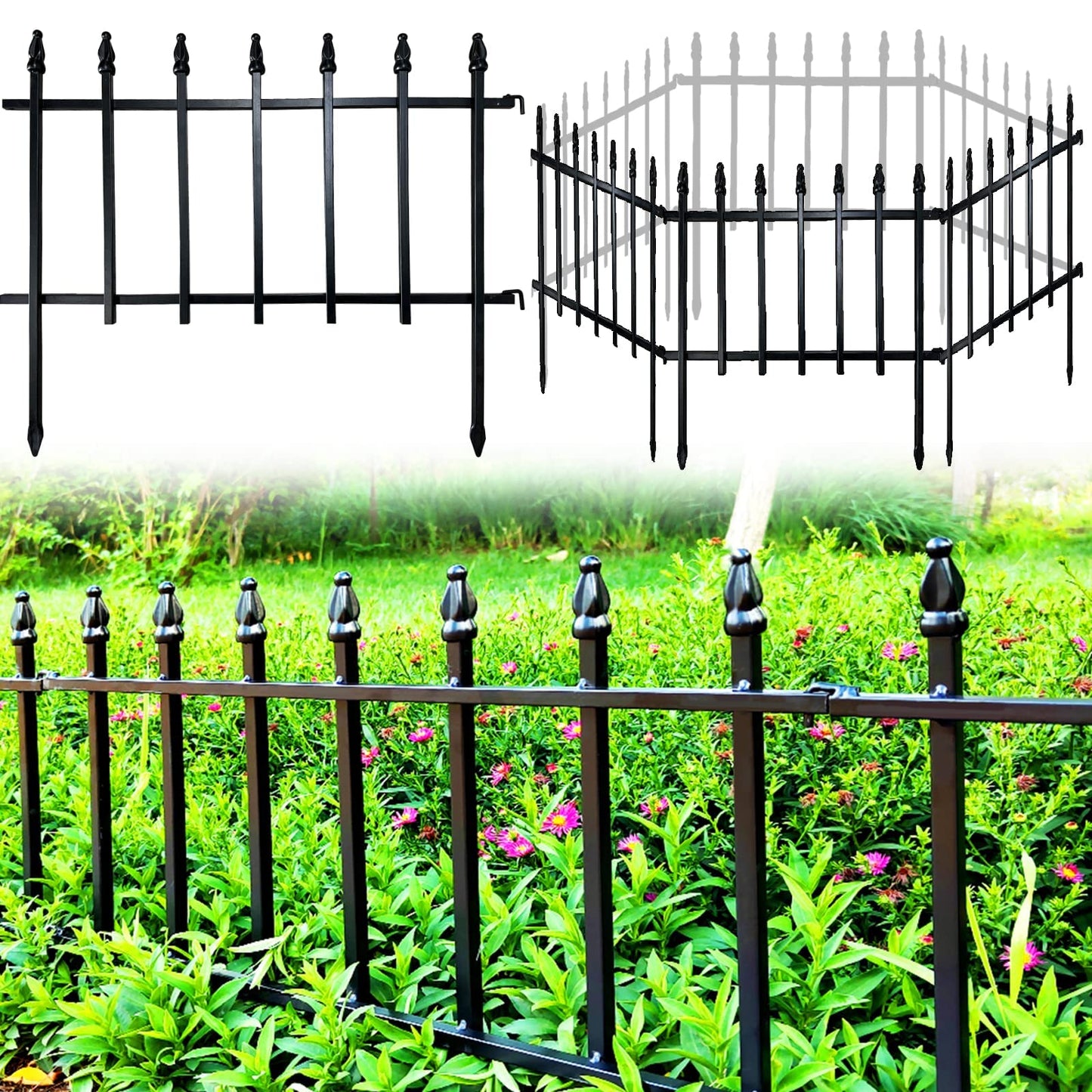 Thealyn Metal Decorative Garden Fence 57cm Wide x 45cm High (5 Panels, Total Length 2.8m), Metal Fence Panels, Landscape Fencing for Flower Bed, Trees, Animal Barrier