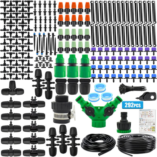 ZOUFRIDN 292 PCS Irrigation System Greenhouse Watering Systems,468FT/45M Drip Irrigation System, Automatic Irrigation System with Adjustable Nozzle Sprayer and Dripper Automatic for Lawn/Garden/Patio