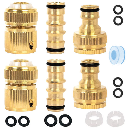 Kazaigou 6 Pack Brass Garden Hose Quick Connector Kit, 2 Double Male, 2 Hose End, 2 Tap Connector 1/2'' & 3/4'' 2-in-1 Faucet Adapter
