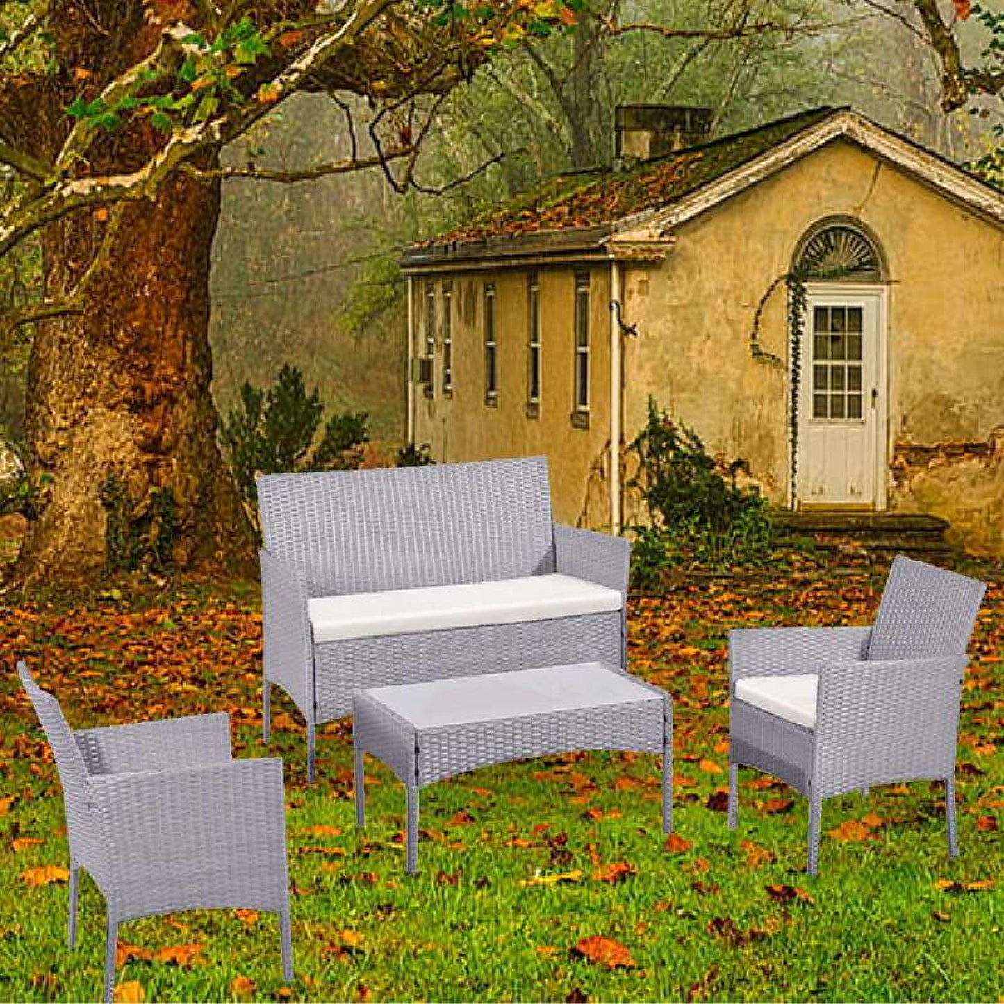 Mega Deals 4 Piece Rattan Garden Furniture Set | Outdoor Furniture Set | Patio table and chairs garden table set | Ideal for Pool Side, Balcony, Garden, Outdoor and indoor (Grey) (4-PC-Rattan)
