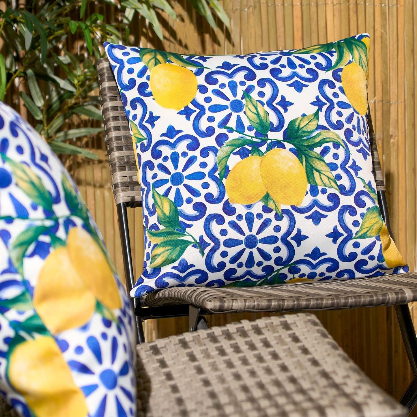 OHS Outdoor Cushions Lemon Print 45 x 45, Water Resistant Garden Furniture Cushions Sofa Cushion Covers for Inners Super Soft Comfy Decorative, Blue Pack of 2