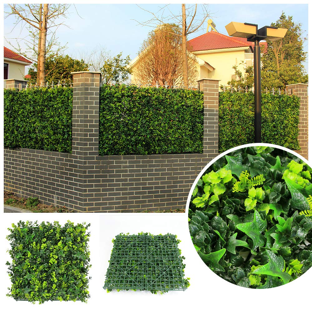 ULAND 12Pcs Pack Artificial Hedges Panels, Faux Square Green Leaves Topiary Mixed Ferns Shrub Grass Privacy Greenery Fence Wall Panels Cover Backdrop, Home Garden Outdoor Wall Decoration