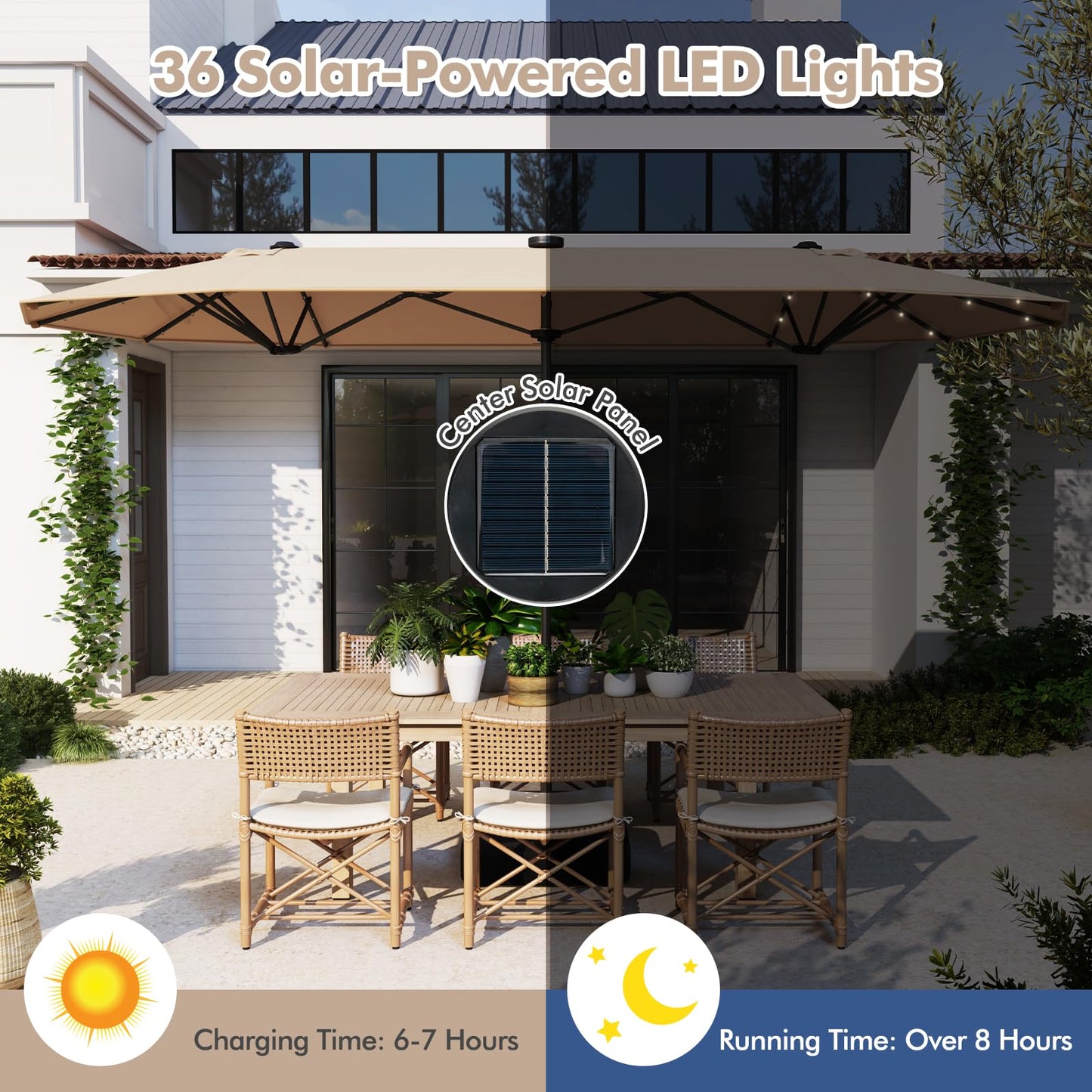 COSTWAY 4M Double-Sided Parasol, Outdoor Extra Large Sun Umbrella with Base, Solar LED Lights and Crank Handle, Market Sunshade Shelter Canopy for Garden Patio Beach Yard (Beige)