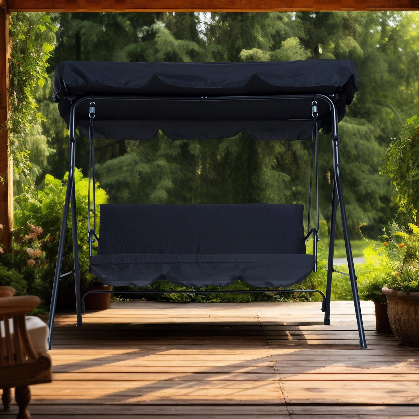 3 Seater Garden Swing Chair - Black Seat Hammock Swinging Metal Terrace Shade Sun Protection Canopy Bench | Thick Padded Cushion | Waterproof Outdoor Garden | Adjustable Canopy