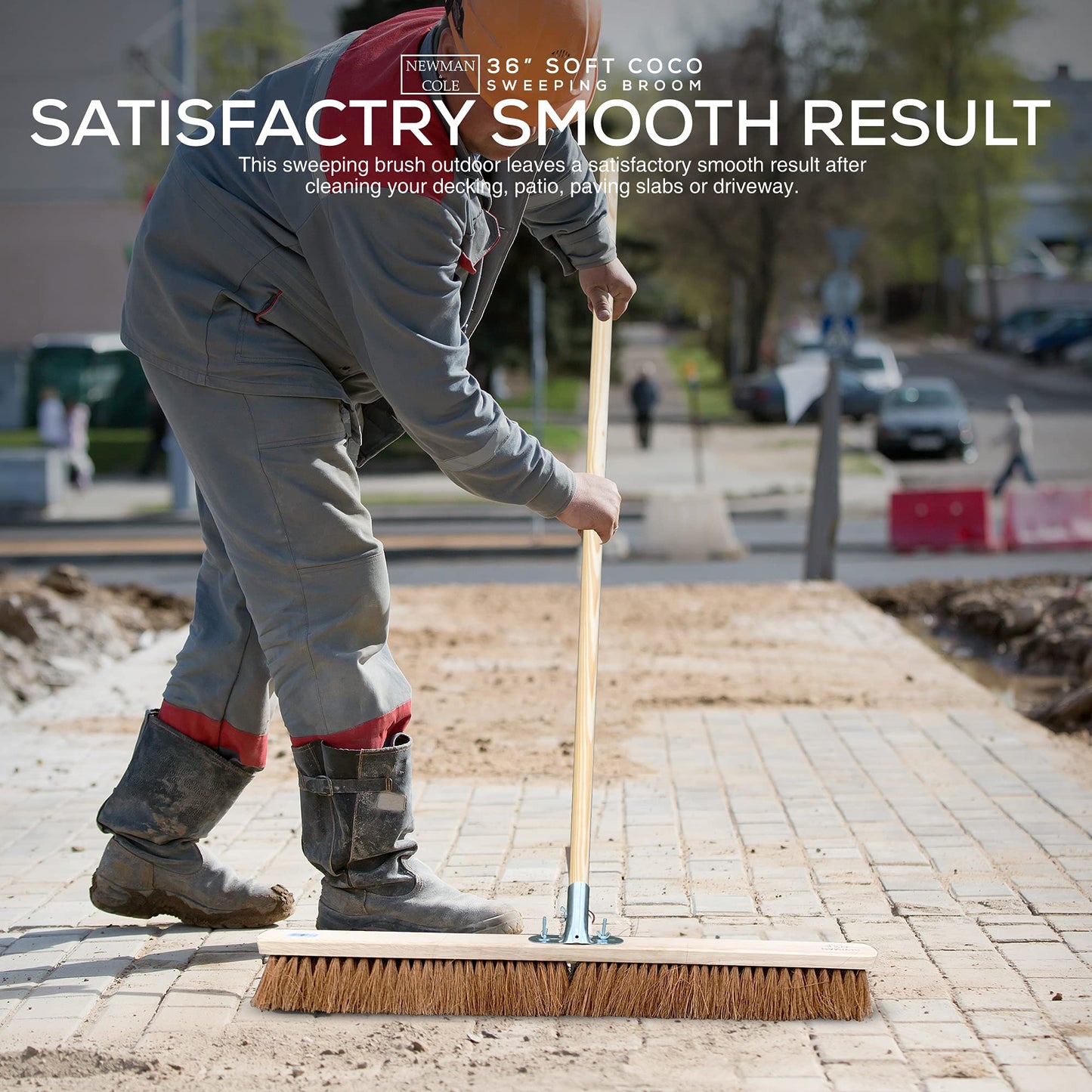 Newman and Cole 36” Wide Broom Indoor or Outdoor, Extra-Large Heavy Duty Broom Sweeping Brush for Warehouse Floors and Large Flat Surfaces (36” Natural Coco Soft Bristle Broom Complete with Handle)…