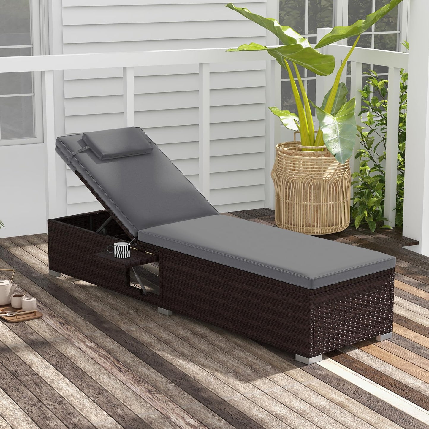 COSTWAY Rattan Sun Lounger, 6-Level Adjustable Garden Chaise Lounge Chair Deck Sunbed with Cushion, Headrest and Folding Table, Outdoor Wicker Reclining Chair for Patio Balcony Poolside (Grey)