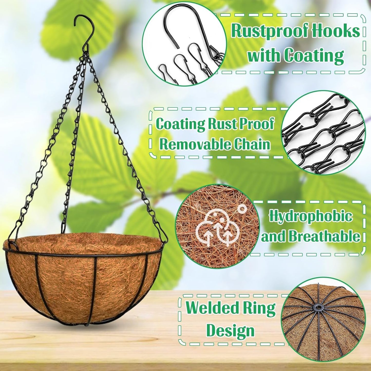 LATERN 4Pcs Metal Hanging Basket with Coco Liner, 20CM Round Metal Hanging Flower Pots Coconut Coir Liner Planter with 40cm Black Chain for Garden Porch Balcony Patio Plant Flower Decoration