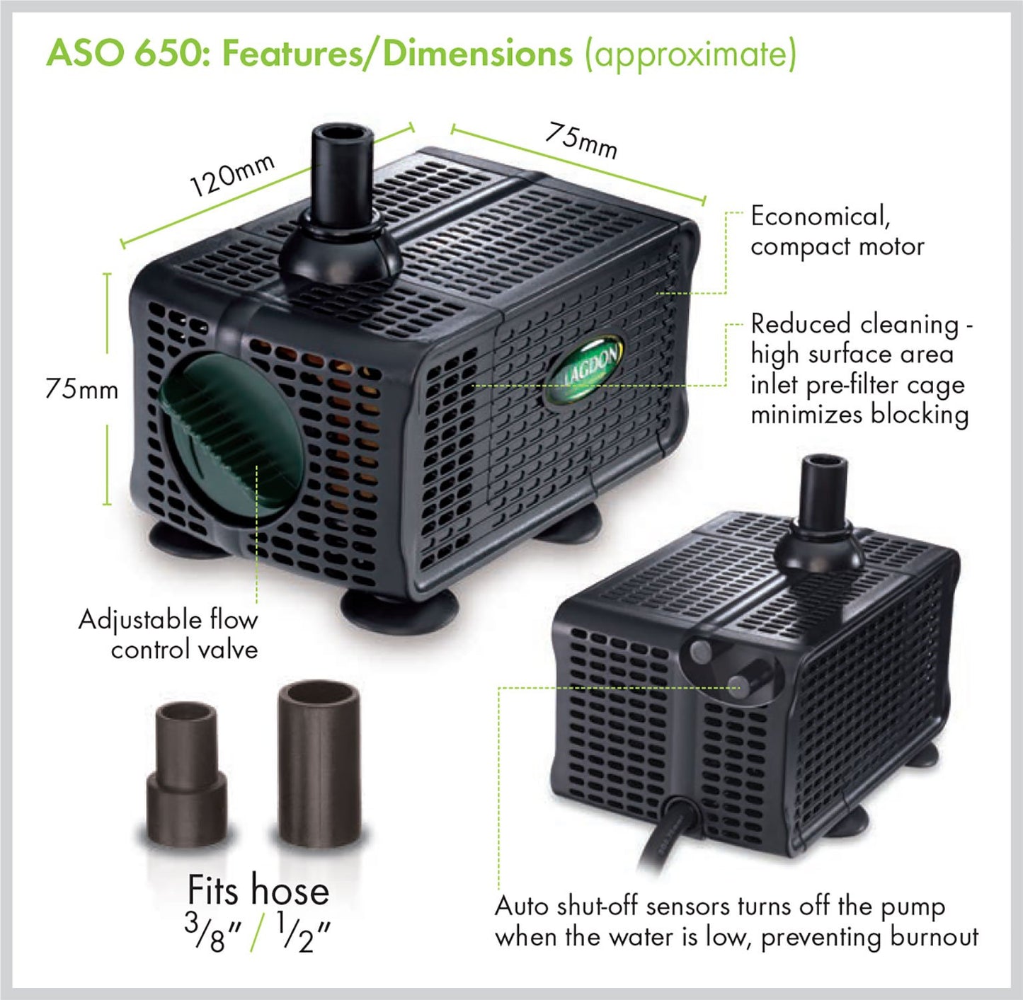 Blagdon Water Feature Pump with Auto Shut Off Sensor Prevents Burnout, Adjustable Flow Control, Reduced Cleaning, 3 Hose Fitting Adaptors, Pumps up to 650 Litres/Hour, Max Pumping Height 1.1m