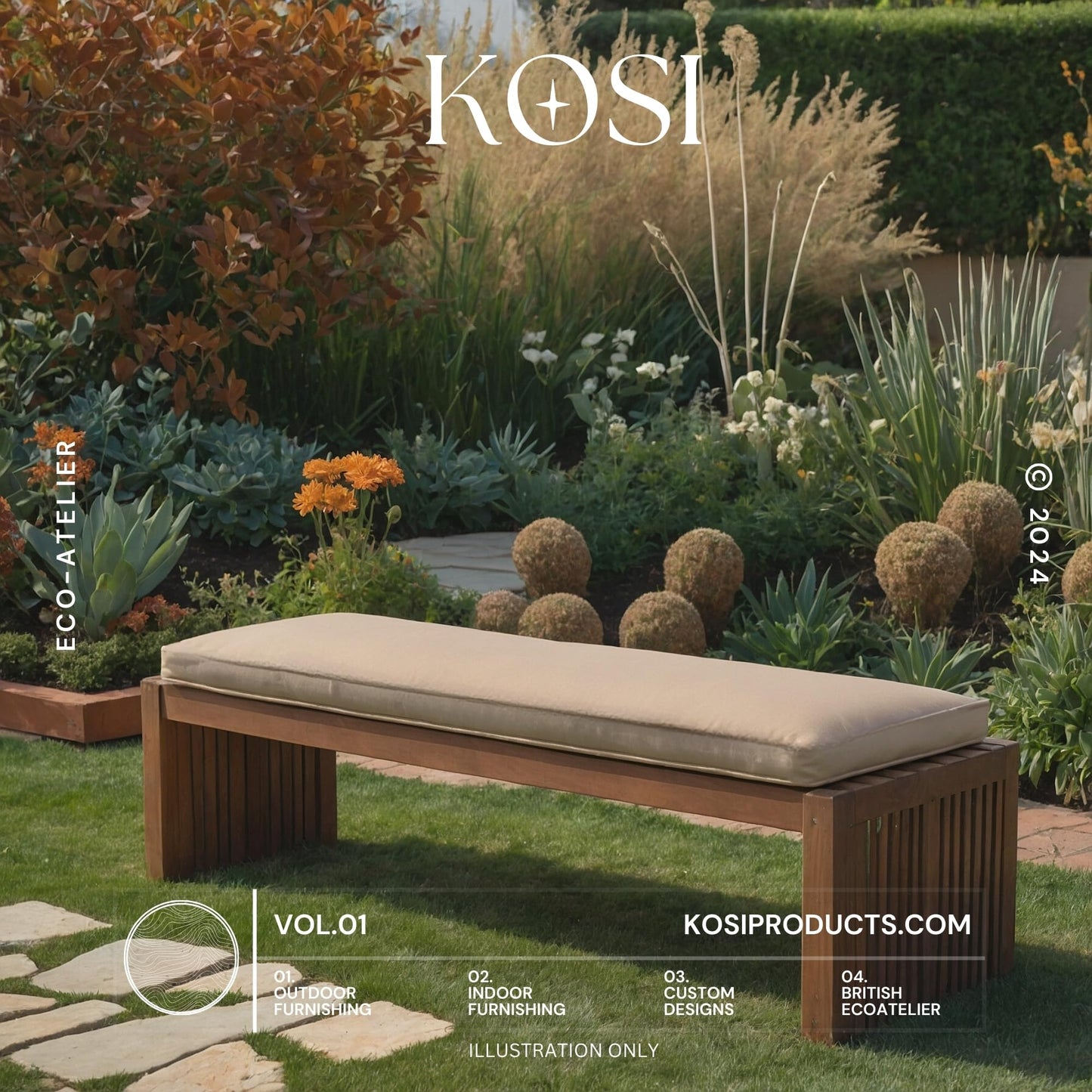 Kosiproducts 2 Seater Bench Seating Pad Cushion to fit Icenic Eden Garden Rattan Furniture 128cm x 50cm (Beige) - Bench Not Included