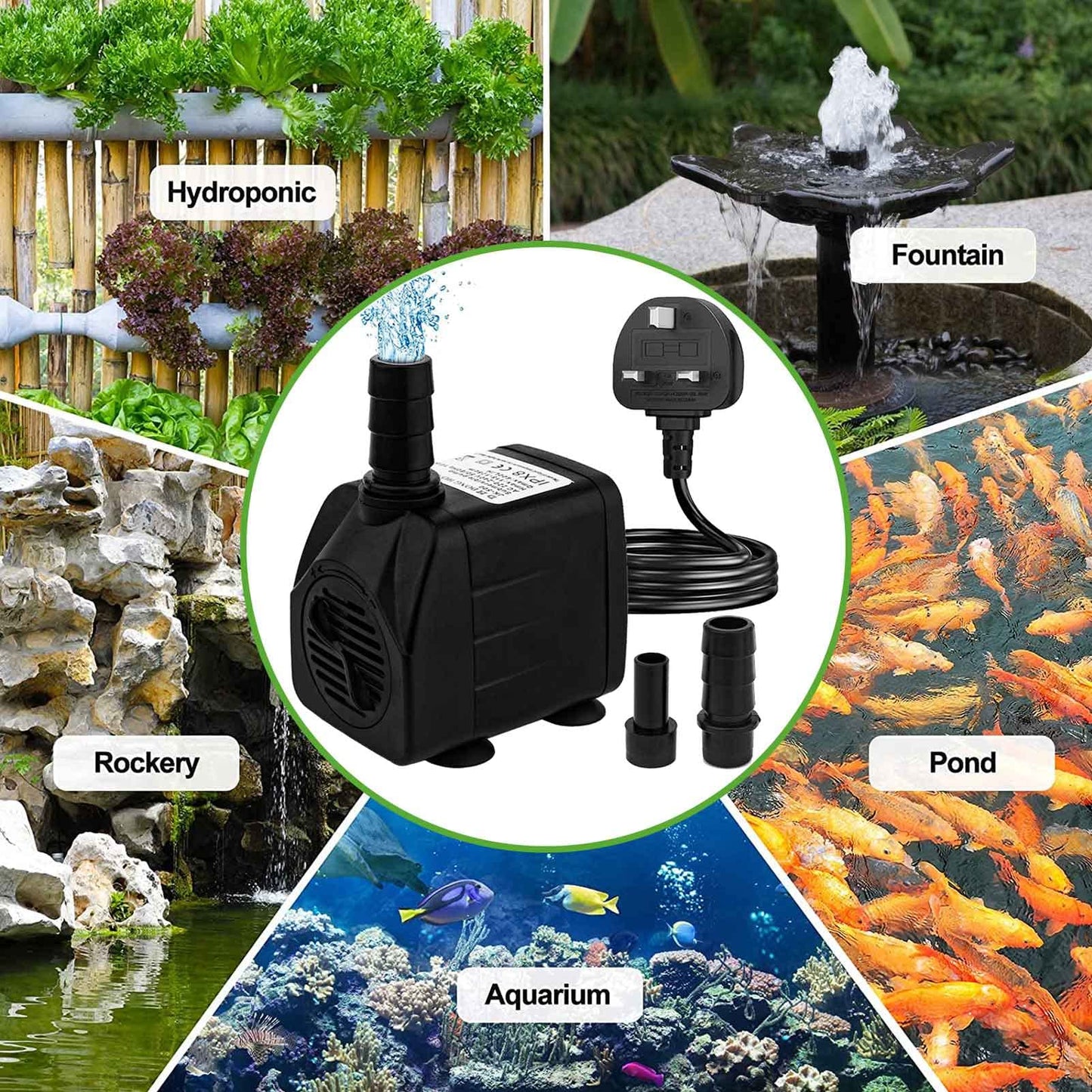 Mini Submersible Water Pump (600L/H, 10W) Adjustable Ultra Quiet Fountain Water Pump for Aquarium, Fish Tank, Pond, Statuary, Hydroponics, Indoor or Outdoor Fountain with 1.5M Power Cord and 2 Nozzles