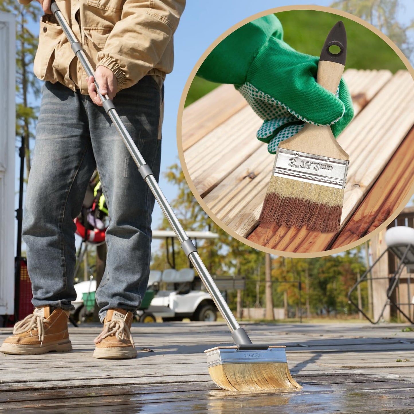 Mitclear Deck Stain Applicator with Long Handle(59IN), 7IN Decking Paint Brush with Thick Bristles, Block Staining Brushes for Outdoor Wood Floor Fence, Deck Coating, Oil Staining, Decking Paint Stain