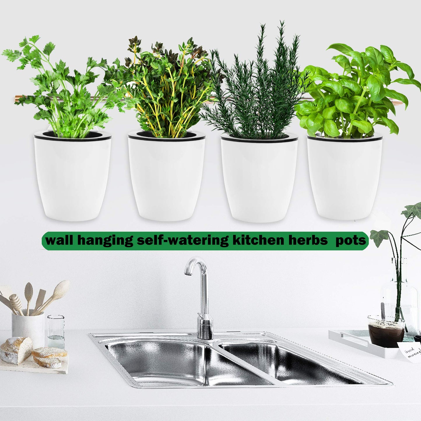 ORIMERC 6 Pack Self Watering Plant Pots Wall Hanging Basket Over Fence Planters Vertical Garden Hang Plastic Container Indoor Outdoor for Plants Flowers Succulent Living Herbs Holder White Large
