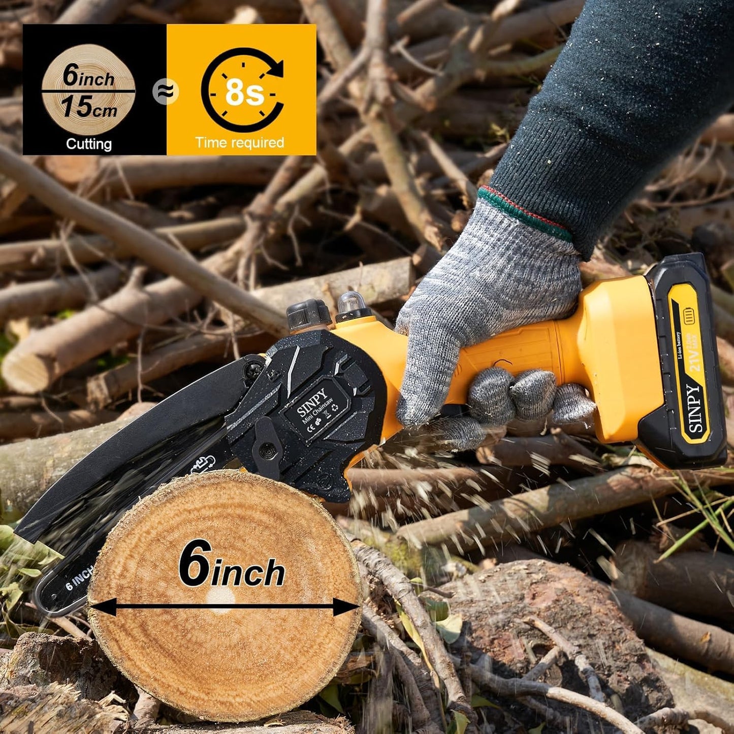 SINPY Gifts for Men Mini Chainsaw Cordless 6 Inch with 2 Battery and Quick Charger, Chainsaw Electric Small Chain Saw with Oiler System and Security Lock for Wood Cutting Stocking Stuffers for Men Dad