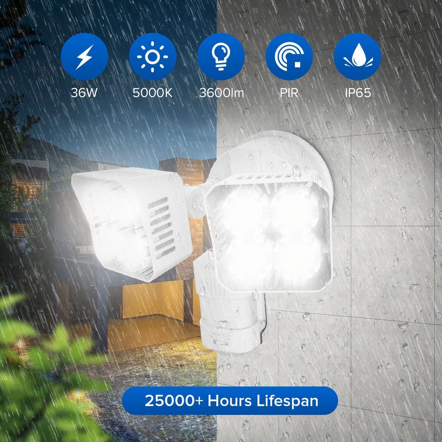 SANSI 36W LED Security Lights Outdoor Motion Sensor Mains Powered, Outside Lights with Sensor Floodlight with PIR 3600LM 5000K IP65 Waterproof, Adjustable Twin Security Lights for Exterior Lighting