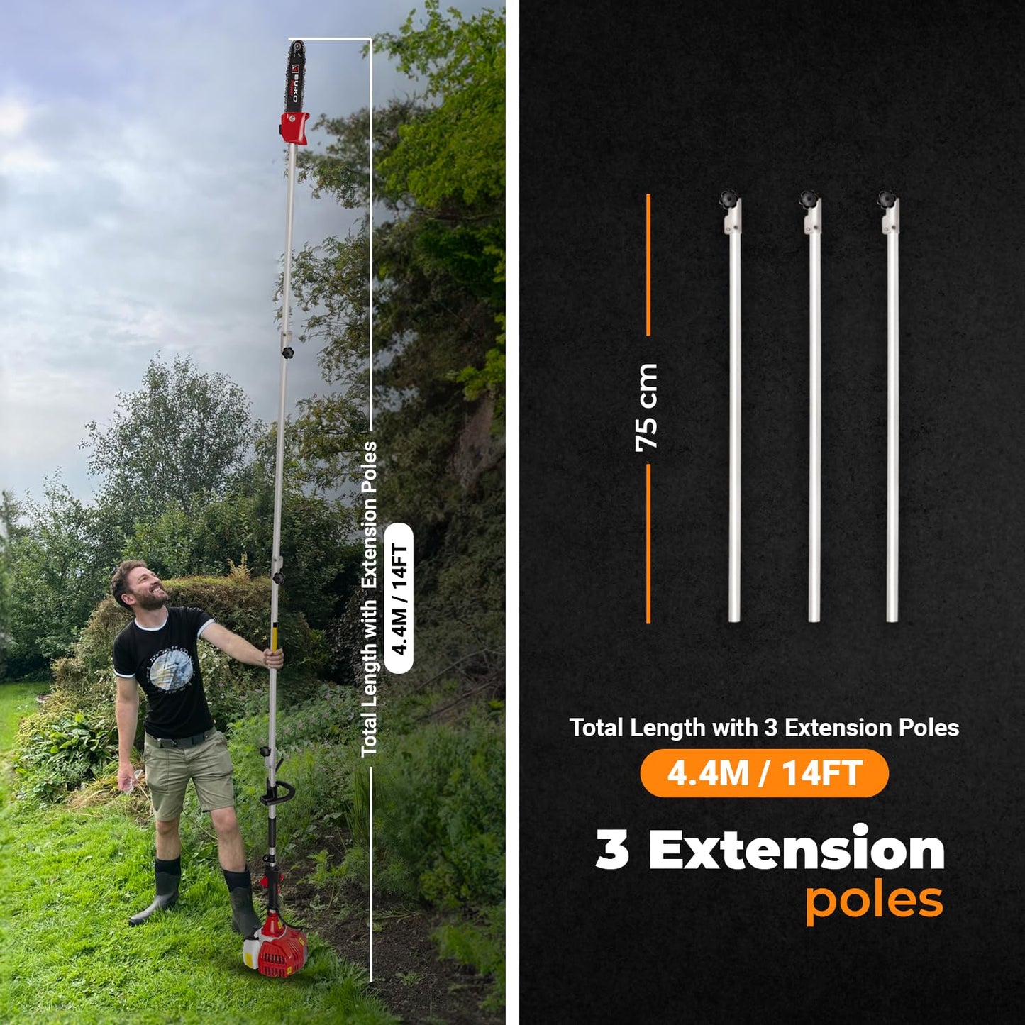 BU-KO 52cc Long Reach Petrol Hedge Trimmer and Pruner Saw with 3x 75cm Extension Pole and Toolbag for Convenient Storage, Ultimate Garden Tool for Precision Cutting, Trim Hedges and Prune with Ease