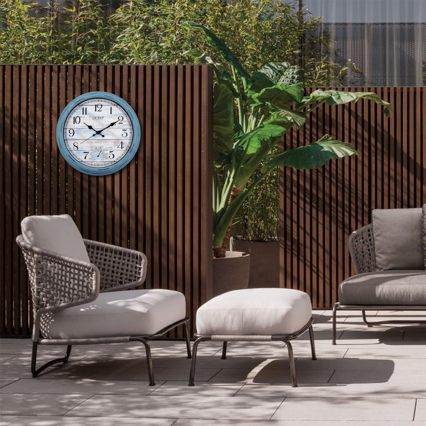 OCEST 16 Inch Garden Clocks Outdoor Waterproof, Large Wall Clock with Thermometer, Silent Non-Ticking Battery Operated Decor for Patio Pool Porch Garden