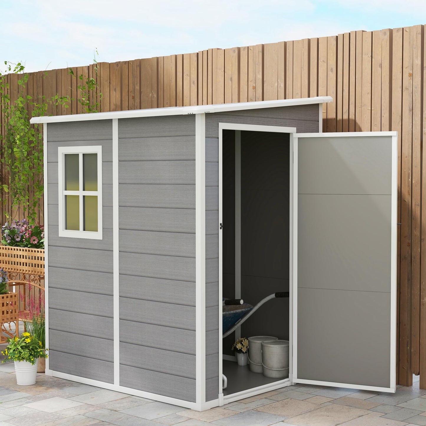 Outsunny 4 x 5FT Plastic Garden Shed, Lean to Shed, Lockable Tool Storage House with Window, Vent and Plastic Roof, Grey